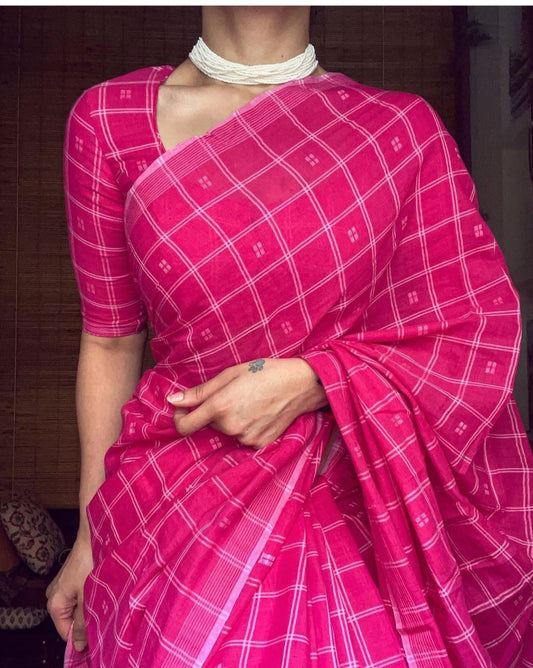 Pink Color Cotton Linen Printed Saree Blouse