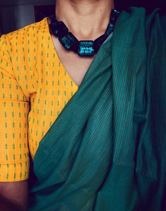Rama Color Cotton Linen Printed Saree With Blouse