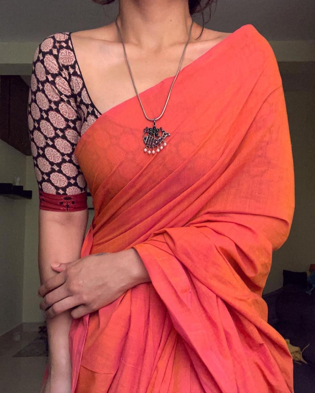 Rust Color Cotton Linen Printed Saree Blouse