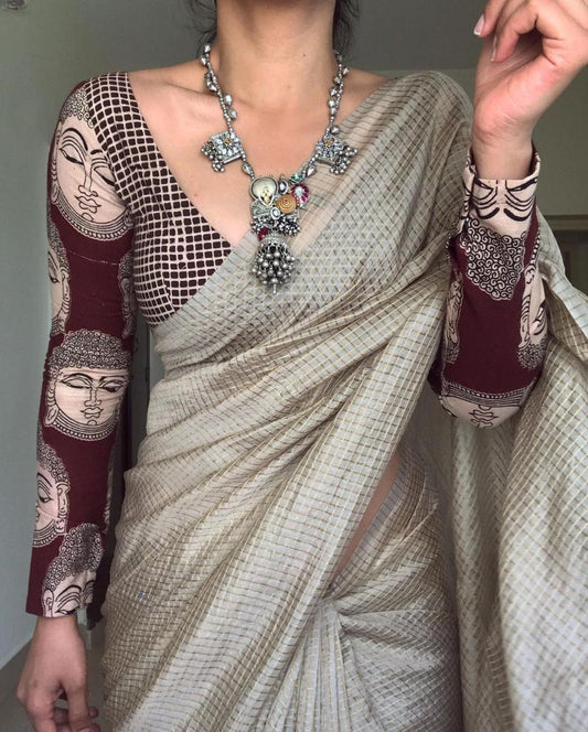 Silver Grey Color Linen Cotton Saree Blouse