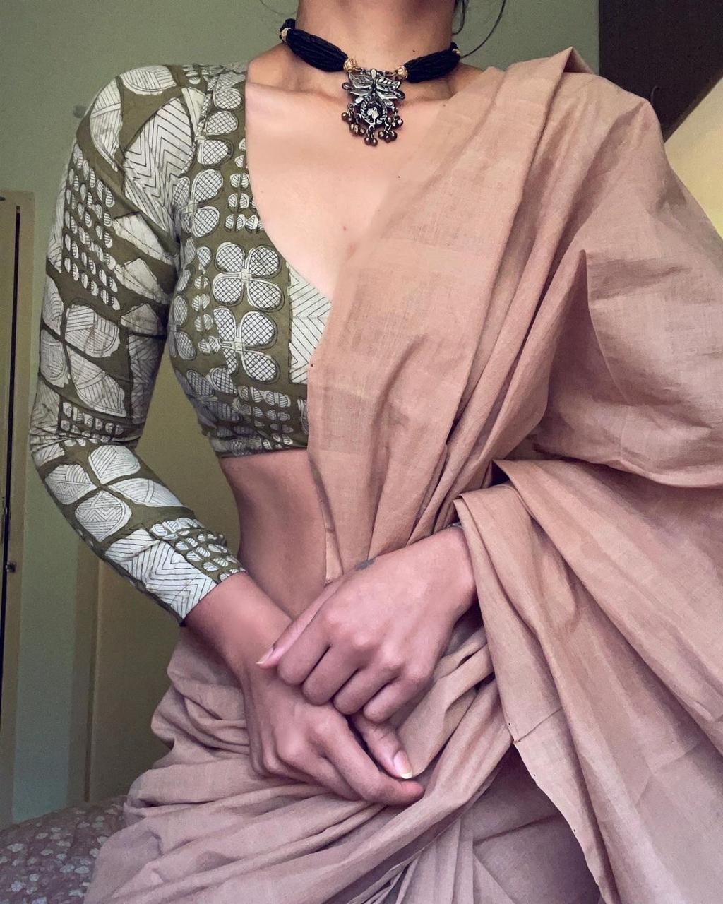 Baby Pink Color Cotton Printed Saree Blouse
