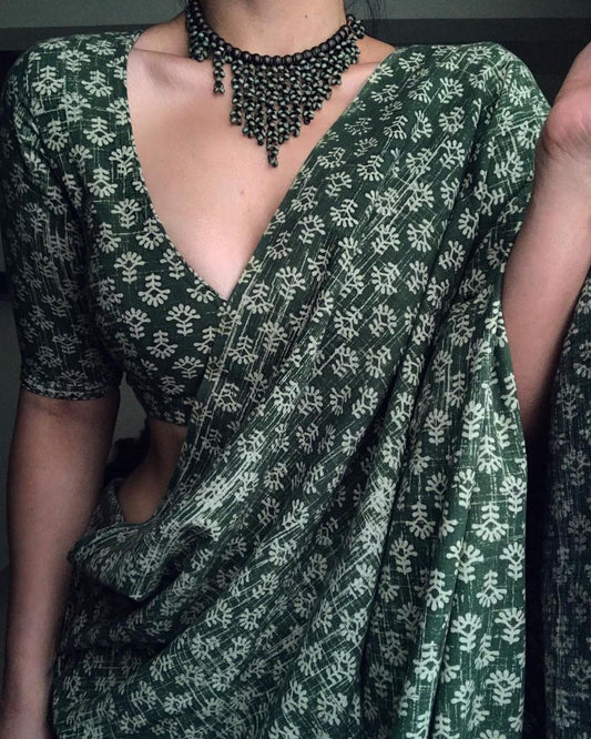 Dark Green Color Linen Cotton Saree Blouse