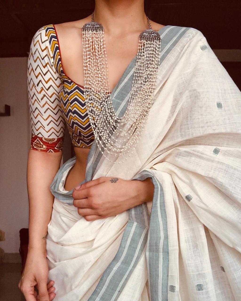 Off White Color Linen Cotton Saree With Blouse