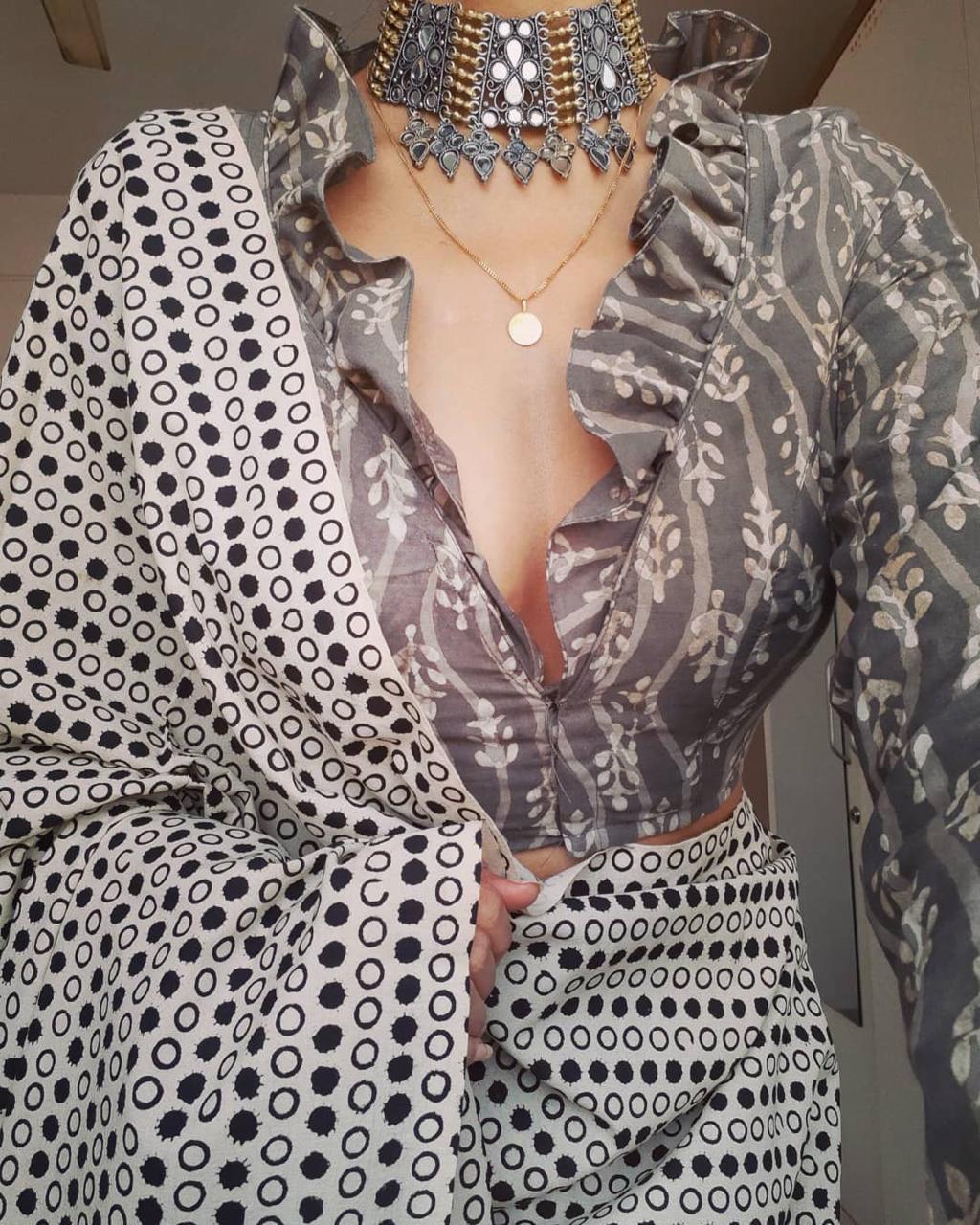 Grey Color Cotton Printed Saree Blouse