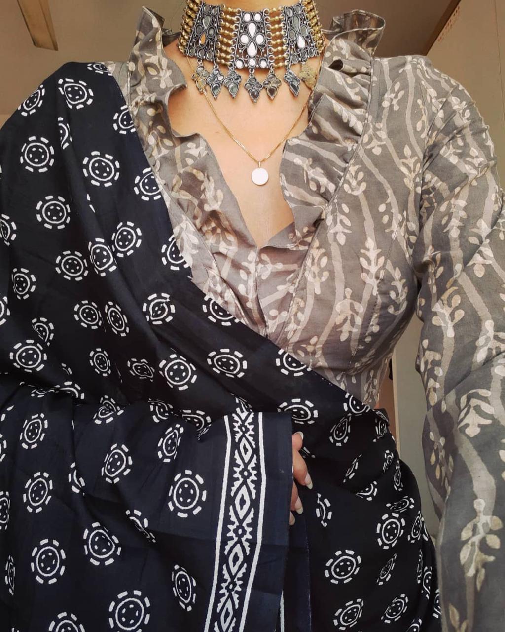 Black Color Cotton Linen Printed Saree Blouse