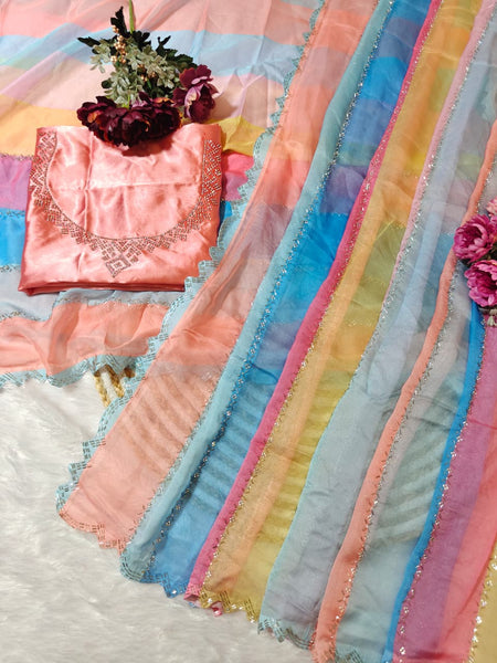 Multicolor Soft Organza Silk Designer Saree