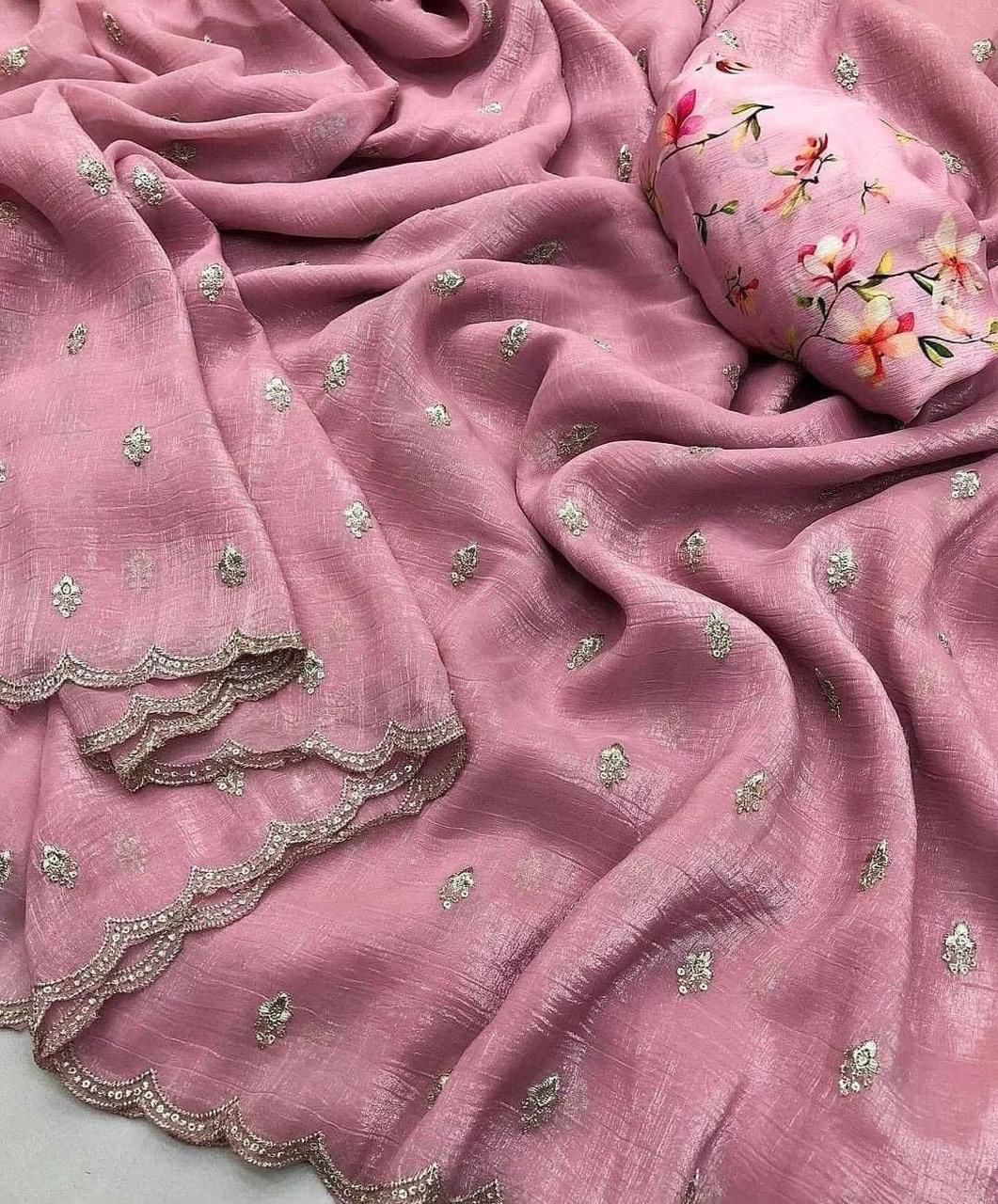 Pink georgette crush embroidered saree with scalloped border