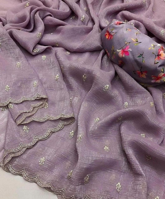 Lavender georgette crush embroidered saree with scalloped border