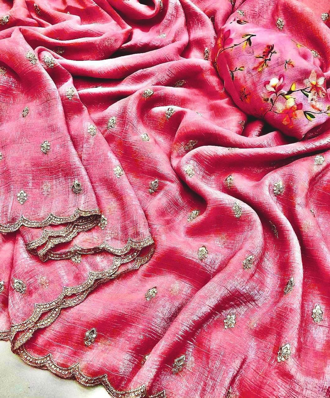 Rani Pink georgette crush embroidered saree with scalloped border