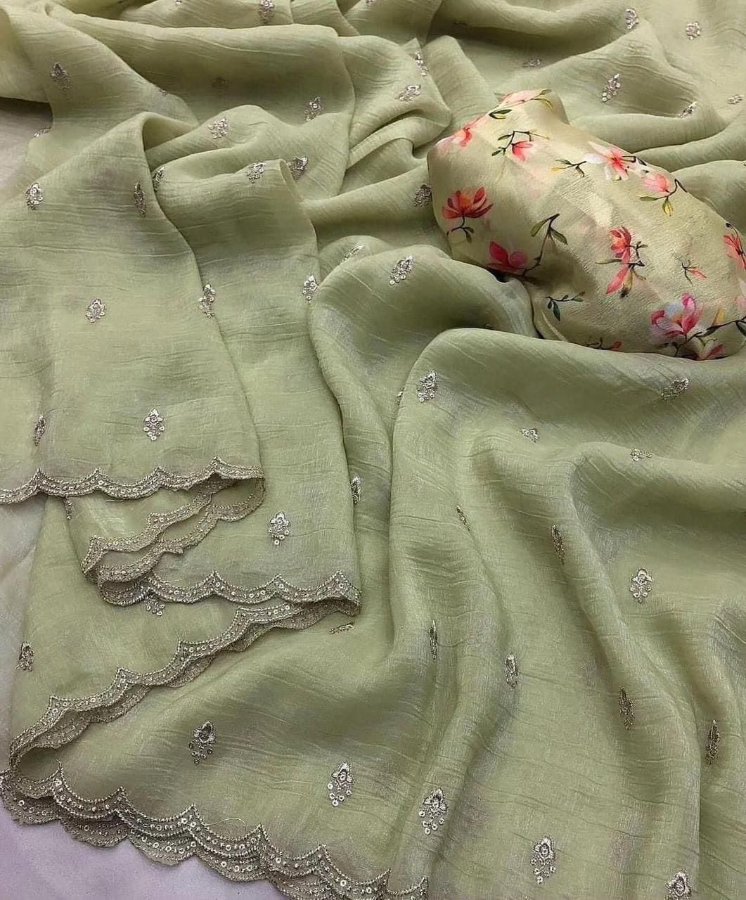 Pista Green georgette crush embroidered saree with scalloped border