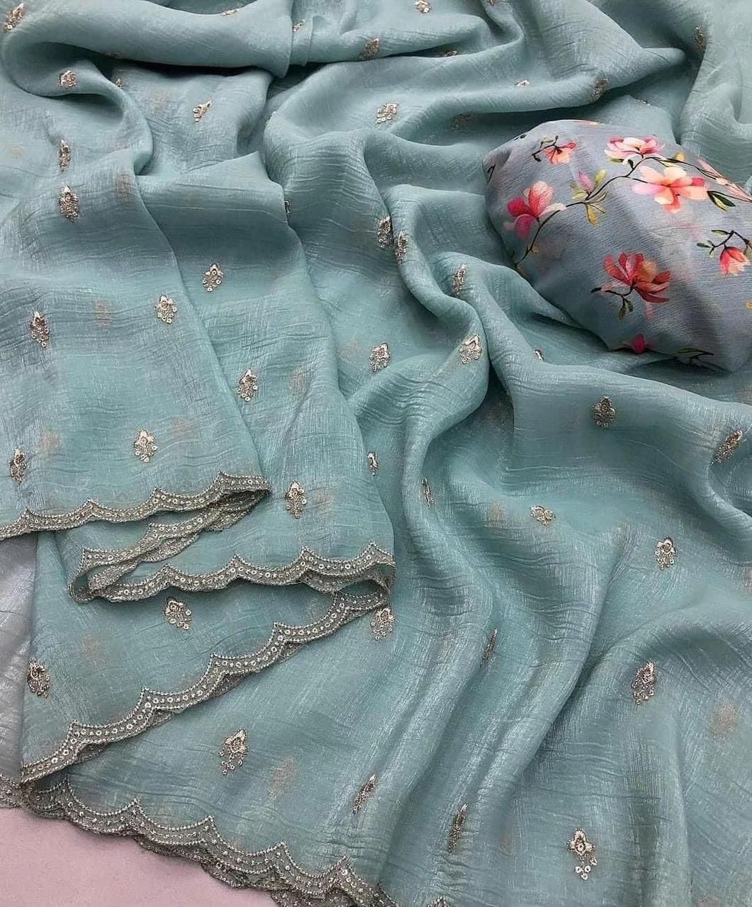 Sea Green georgette crush embroidered saree with scalloped border