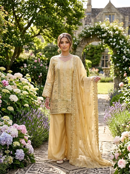 Designer palazzo set in golden yellow with embroidered top and dupatta, outdoor model view