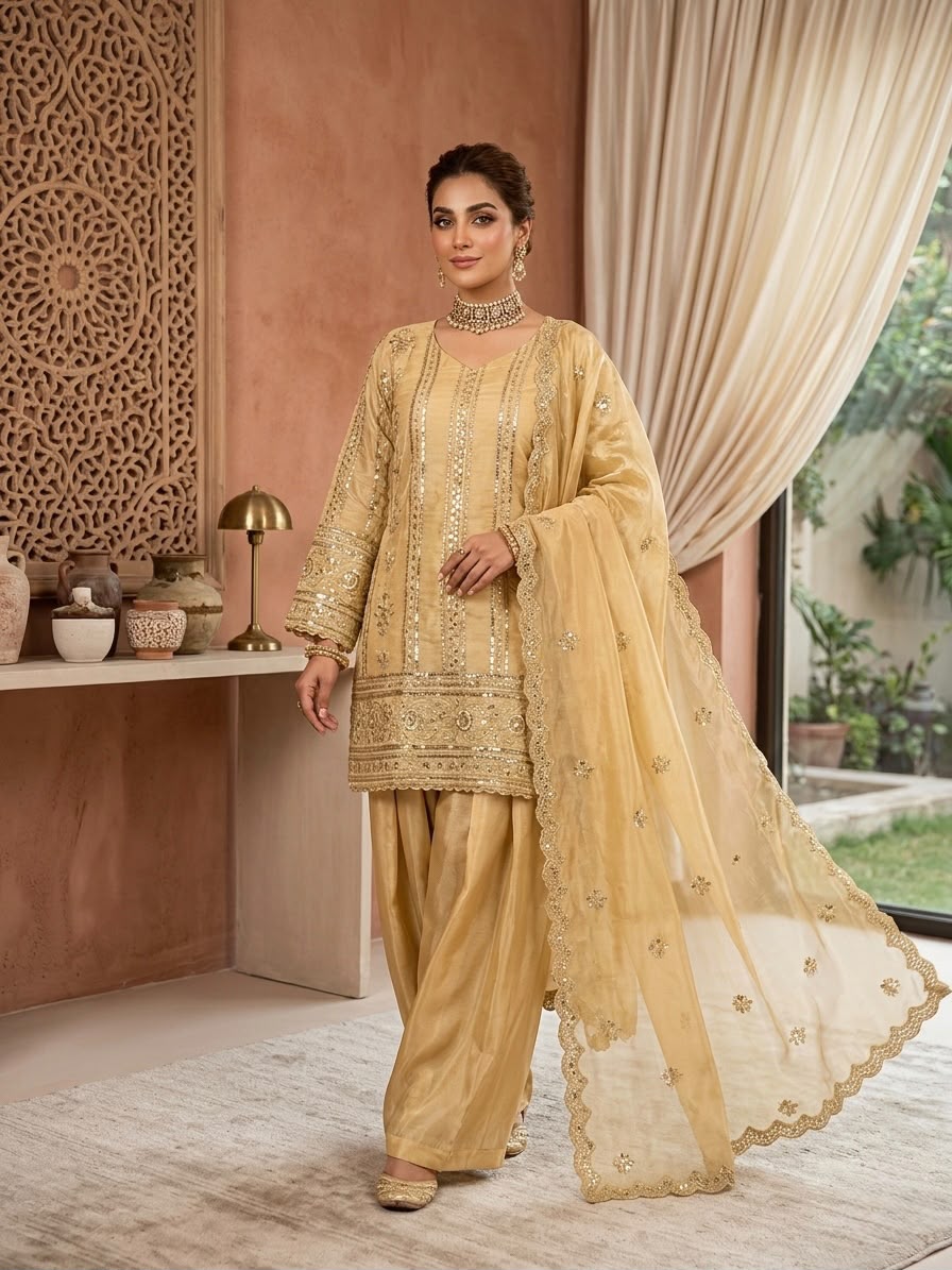 Golden yellow designer palazzo set with embroidered top and dupatta, indoor model view