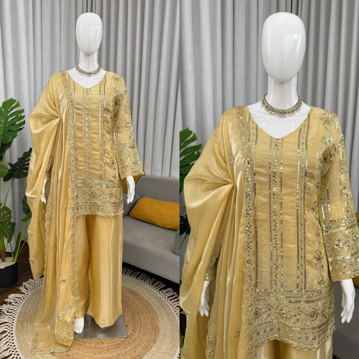 Golden yellow embroidered palazzo set mannequin collage, full and close-up views