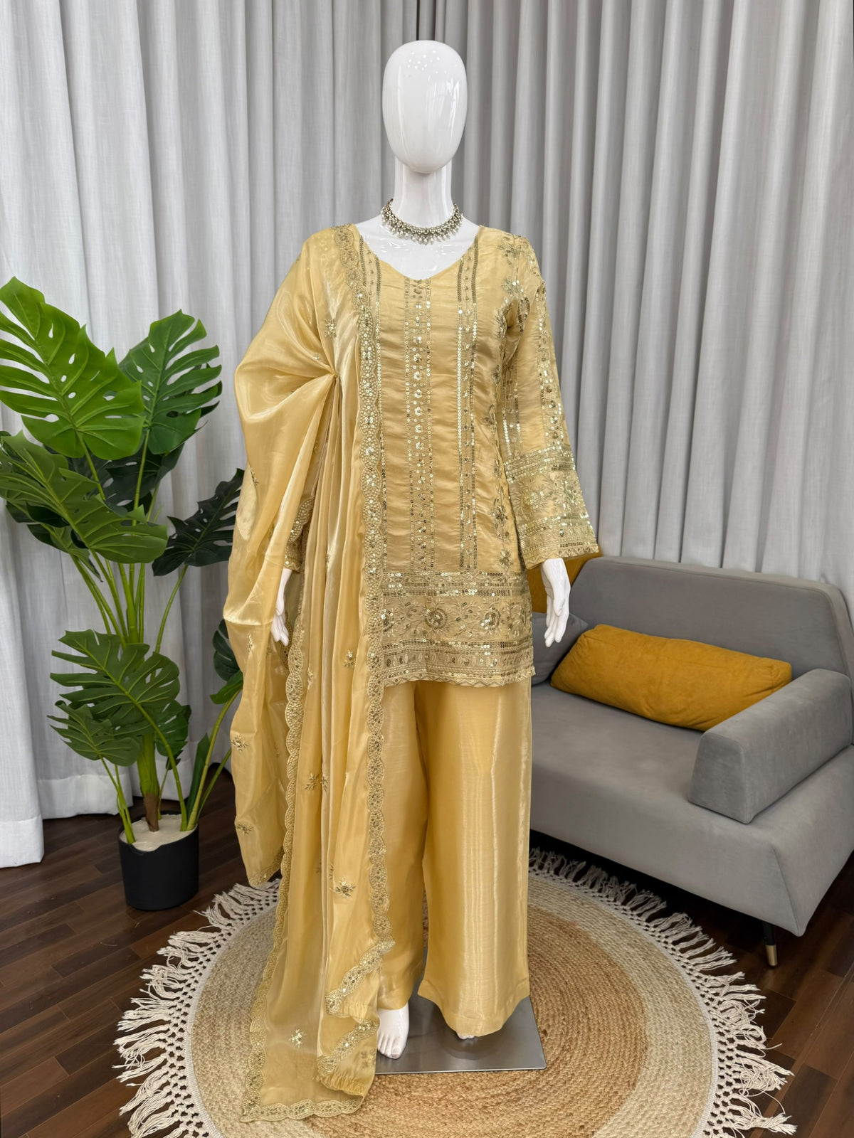 Golden yellow embroidered palazzo set full mannequin front view
