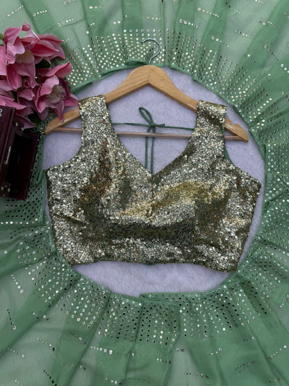 Front view of heavily sequined blouse and sage green saree