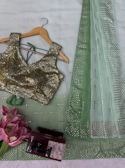 Saree border and blouse detail in sage green