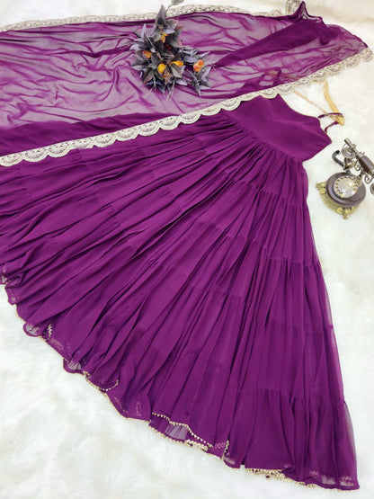 Adorable Georgette Ready Made Ruffle Lace Work Gown Dupatta