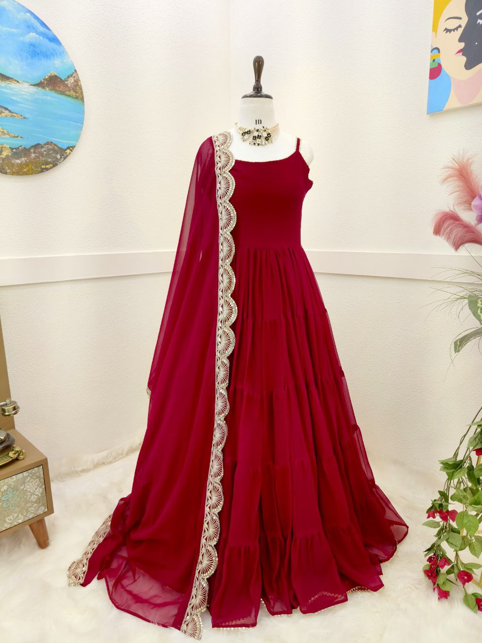 Adorable Georgette Ready Made Ruffle Lace Work Gown Dupatta