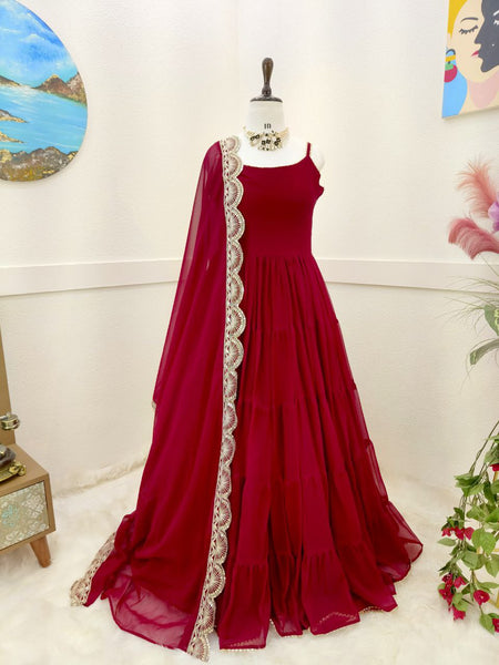 Adorable Georgette Ready Made Ruffle Lace Work Gown Dupatta