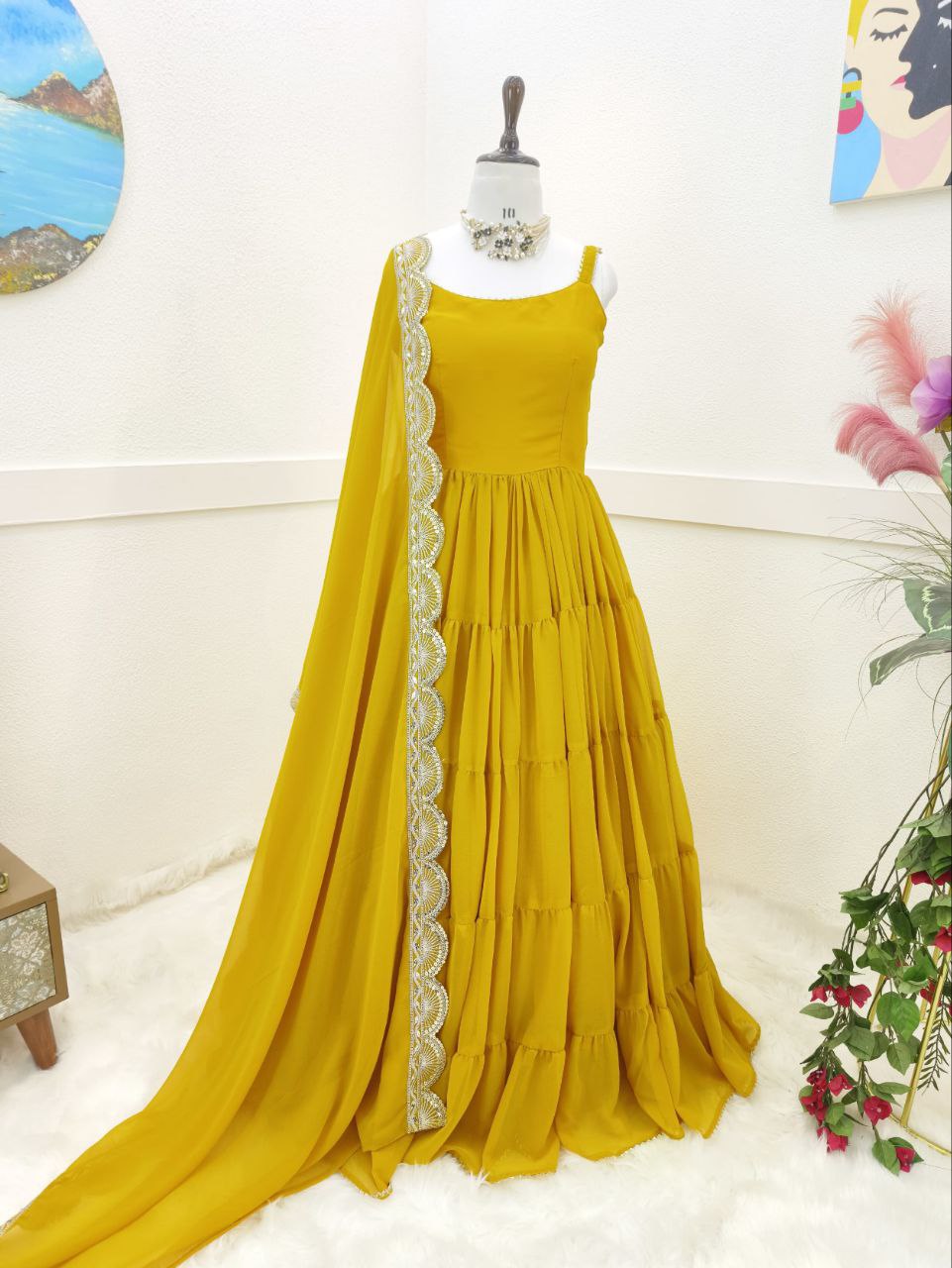 Adorable Georgette Ready Made Ruffle Lace Work Gown Dupatta