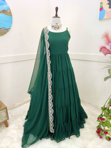 Adorable Georgette Ready Made Ruffle Lace Work Gown Dupatta