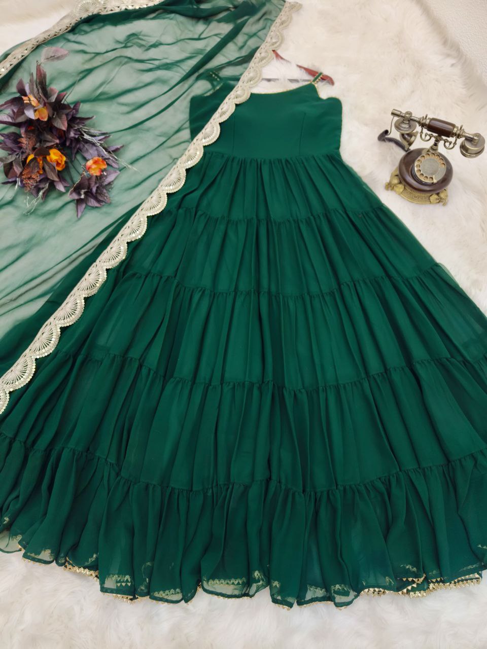 Adorable Georgette Ready Made Ruffle Lace Work Gown Dupatta