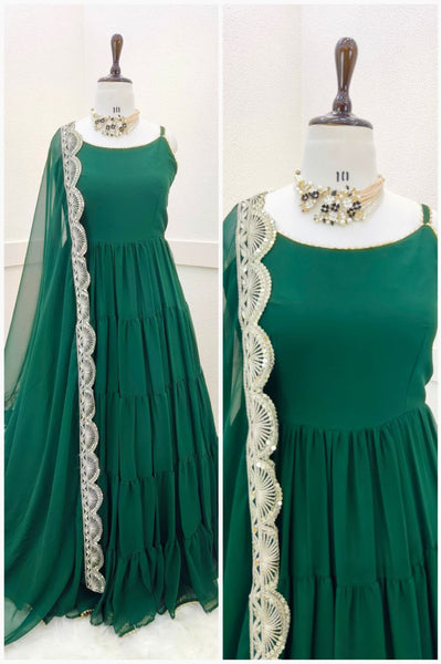 Adorable Georgette Ready Made Ruffle Lace Work Gown Dupatta