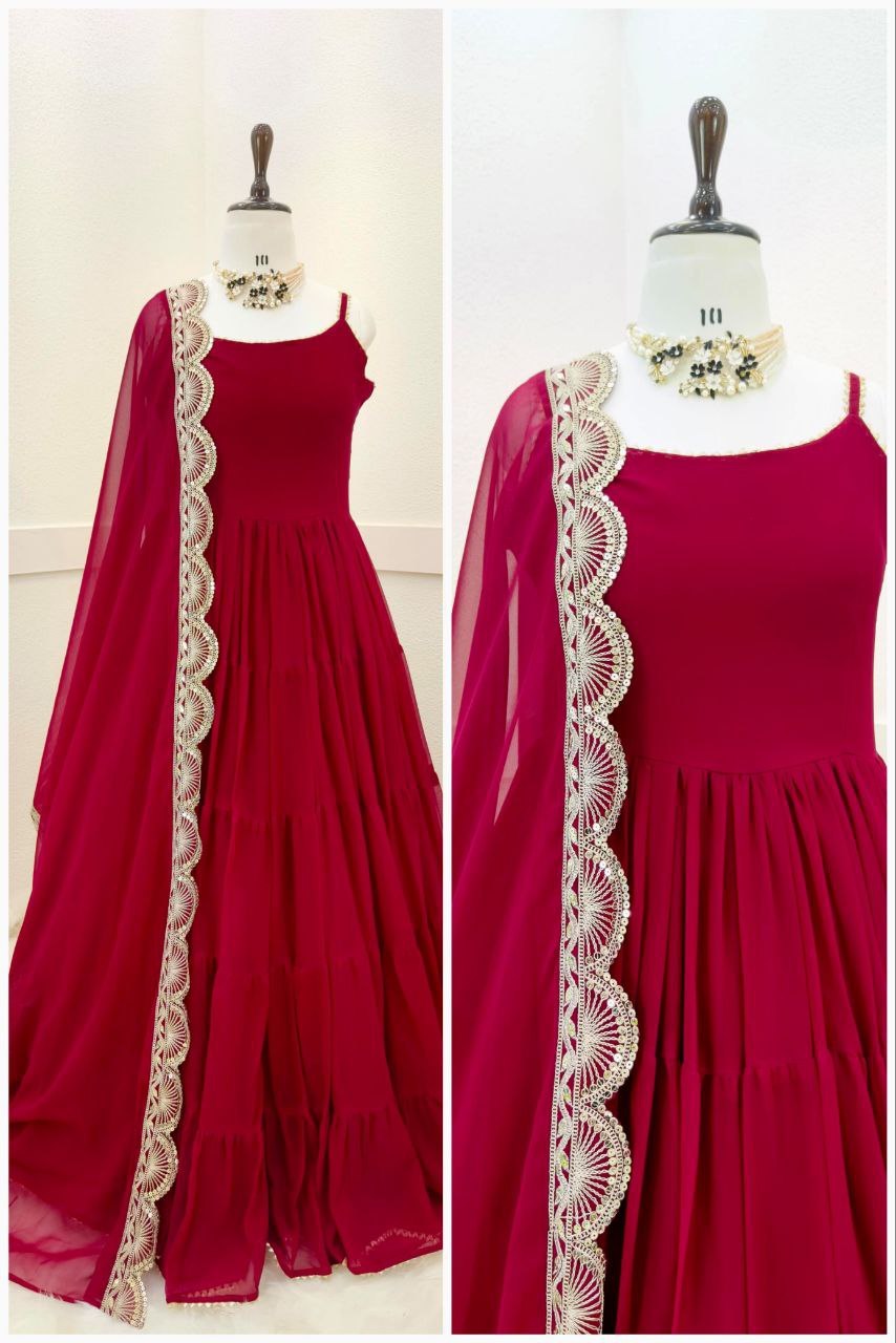 Adorable Georgette Ready Made Ruffle Lace Work Gown Dupatta