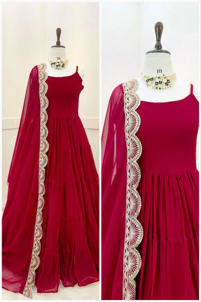 Adorable Georgette Ready Made Ruffle Lace Work Gown Dupatta