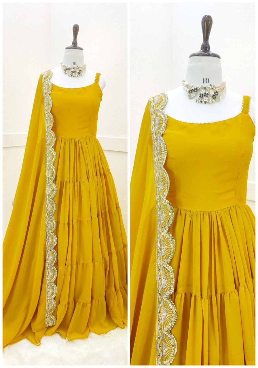 Adorable Georgette Ready Made Ruffle Lace Work Gown Dupatta