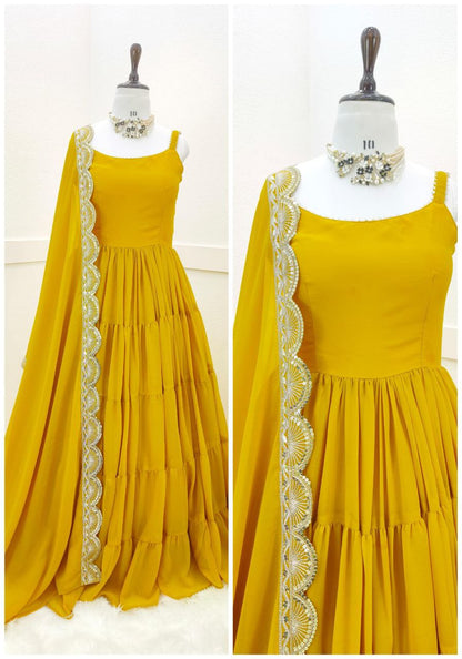 Adorable Georgette Ready Made Ruffle Lace Work Gown Dupatta