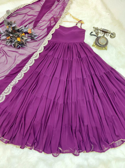 Adorable Georgette Ready Made Ruffle Lace Work Gown Dupatta