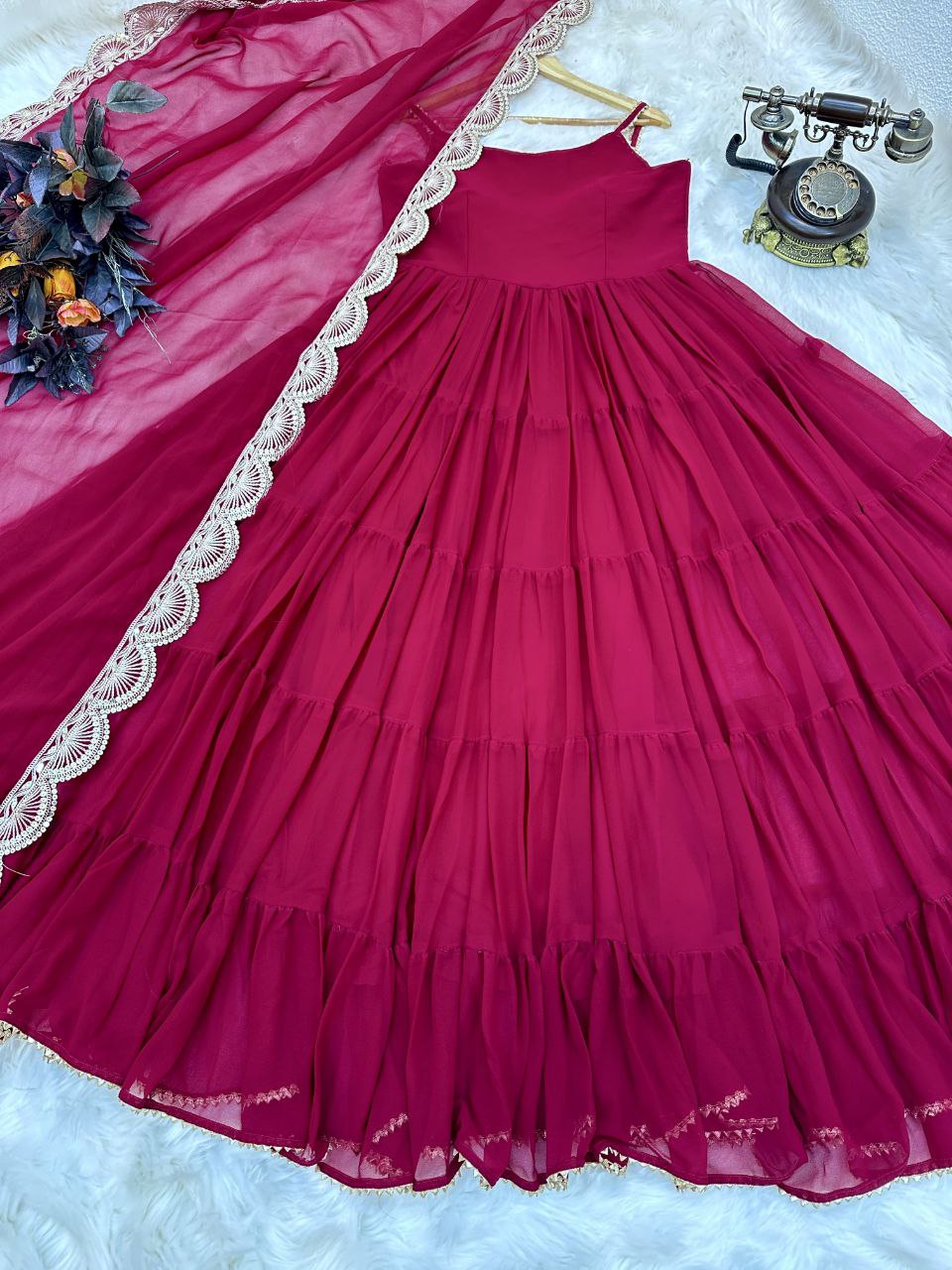 Adorable Georgette Ready Made Ruffle Lace Work Gown Dupatta