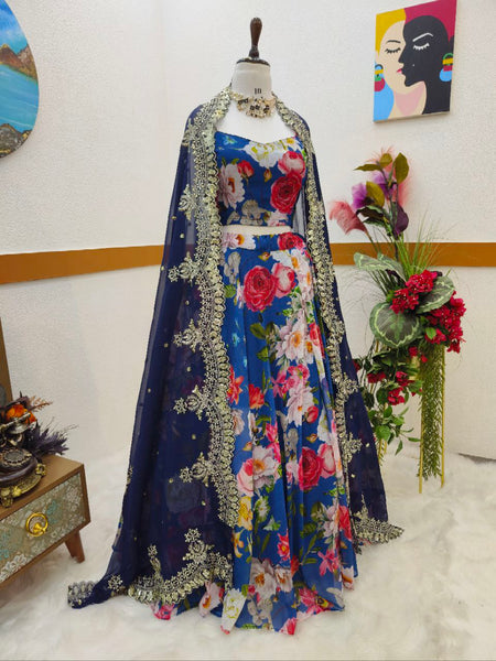 Jazzy Blue Color Wedding Wear Georgette Printed Ready Made Lehenga Choli