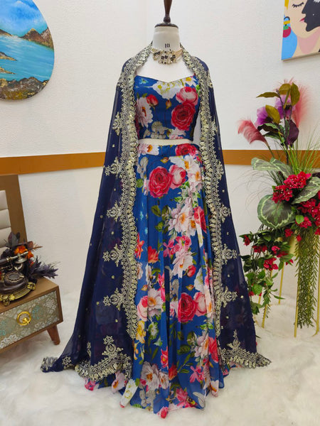 Jazzy Blue Color Wedding Wear Georgette Printed Ready Made Lehenga Choli