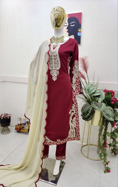 Party Wear Maroon Color Cotton Embroidered Work Salwar Suit