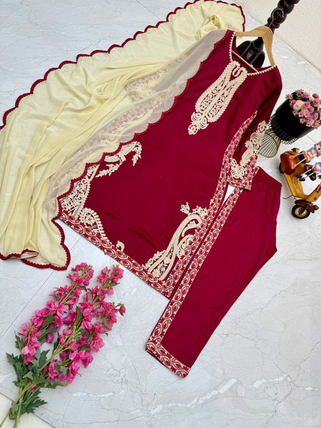 Party Wear Maroon Color Cotton Embroidered Work Salwar Suit