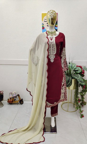 Party Wear Maroon Color Cotton Embroidered Work Salwar Suit