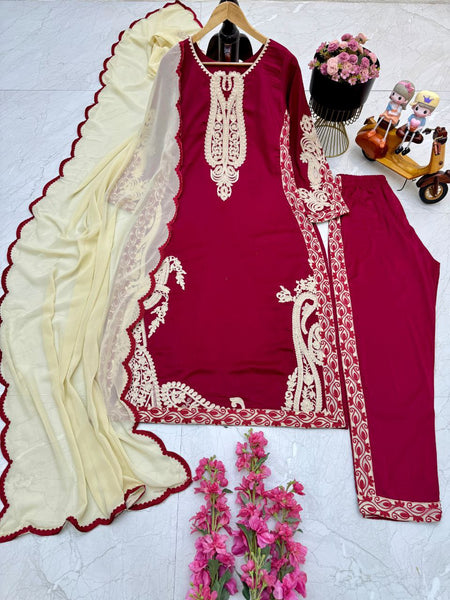 Party Wear Maroon Color Cotton Embroidered Work Salwar Suit