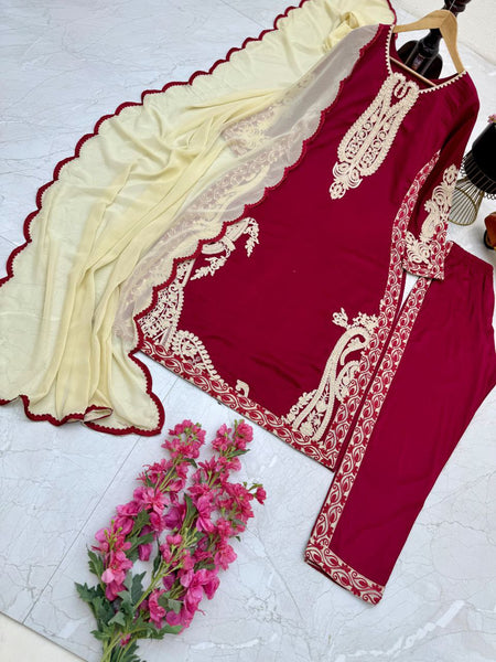 Party Wear Maroon Color Cotton Embroidered Work Salwar Suit