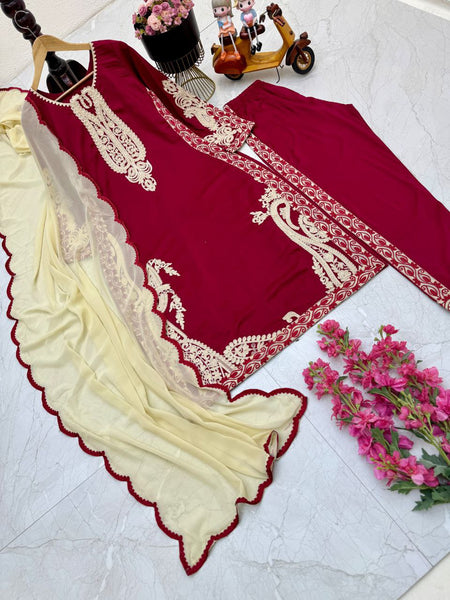 Party Wear Maroon Color Cotton Embroidered Work Salwar Suit