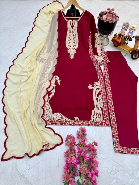 Party Wear Maroon Color Cotton Embroidered Work Salwar Suit