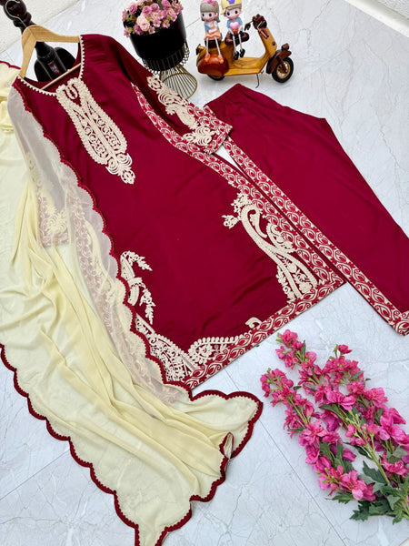 Party Wear Maroon Color Cotton Embroidered Work Salwar Suit