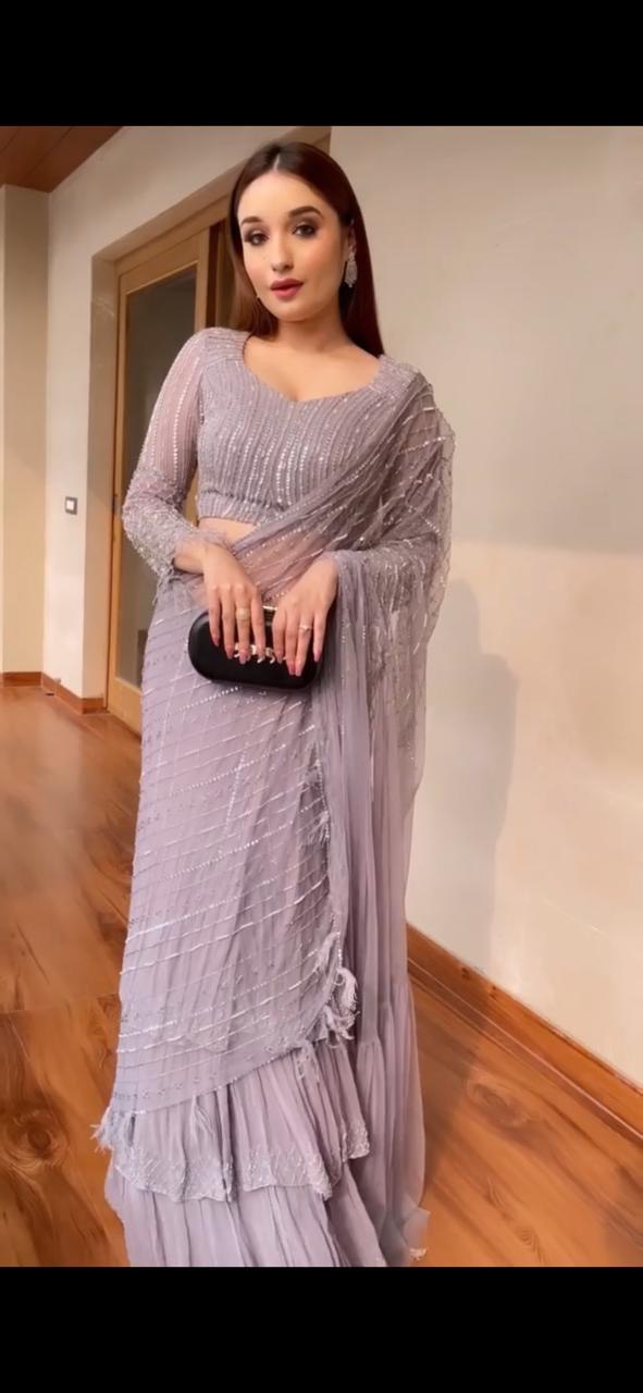 Beautiful Light Purple Color Georgette Resa Sequence Embroidered Work Saree Blouse