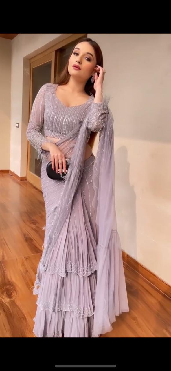 Beautiful Light Purple Color Georgette Resa Sequence Embroidered Work Saree Blouse
