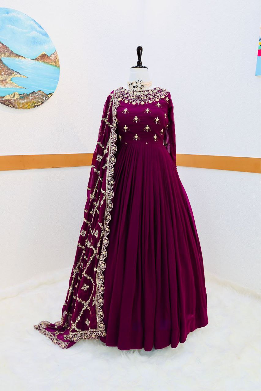Stunning Georgette Embroidered Sequence Work Ready Made Gown Dupatta