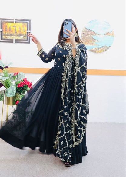 Stunning Georgette Embroidered Sequence Work Ready Made Gown Dupatta