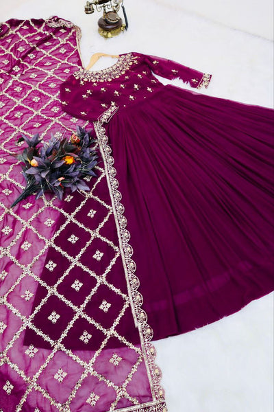 Stunning Georgette Embroidered Sequence Work Ready Made Gown Dupatta