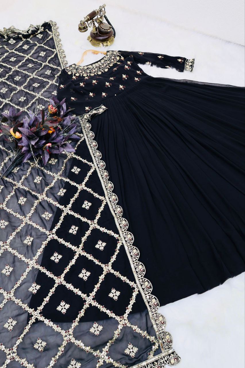 Stunning Georgette Embroidered Sequence Work Ready Made Gown Dupatta